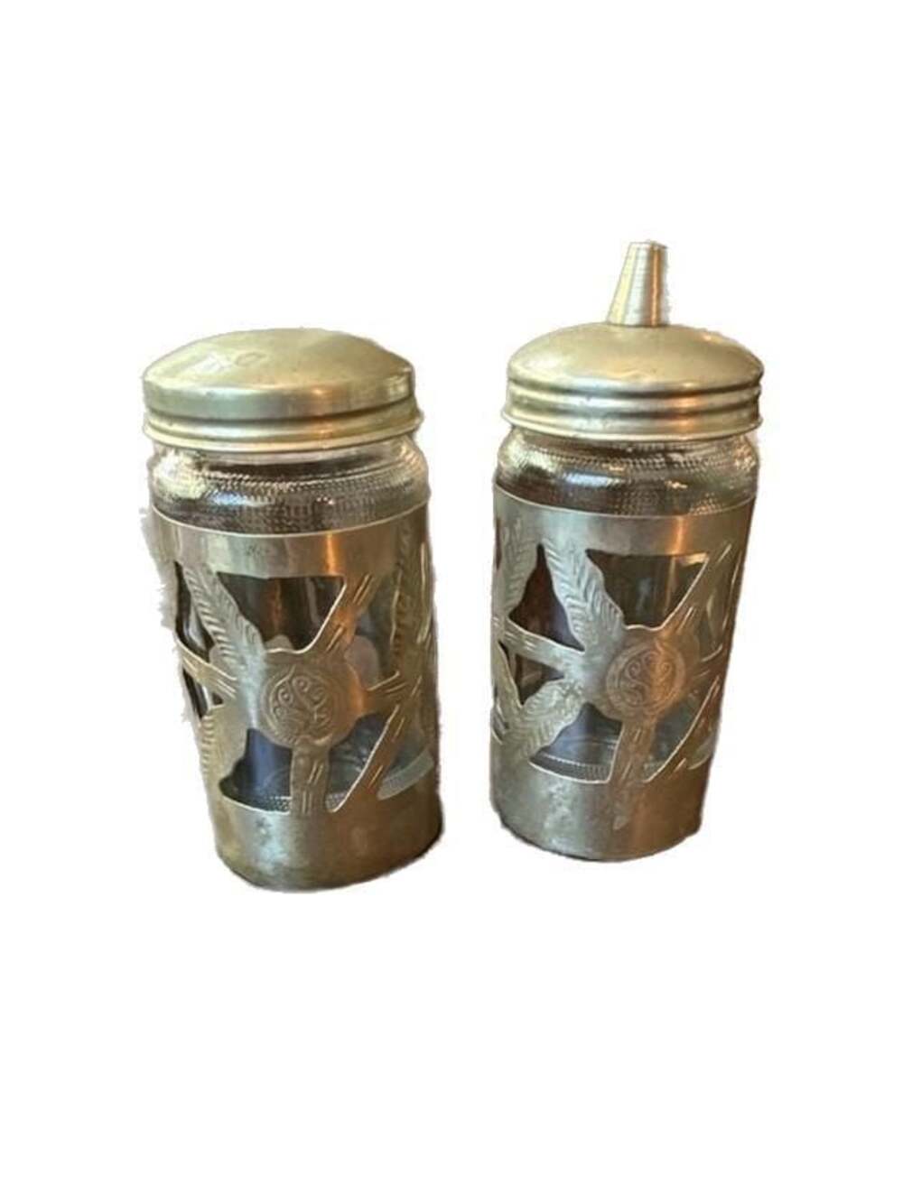 Vintage Alpaca Silver Overlay Glass Sugar and Creamer Dispensers